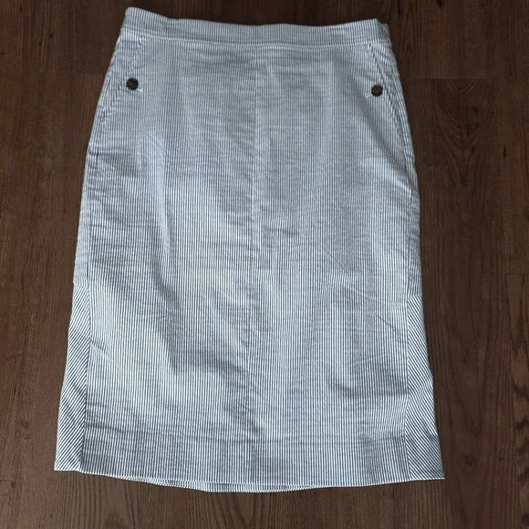 J. Crew Blue & White Striped Seersucker Button Pockets Skirt Preppy Womens Sz 14 - Picture 2 of 8